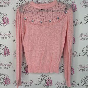 Chorus line sweater knit crochet embroidered floral details Pink Knit Sweater